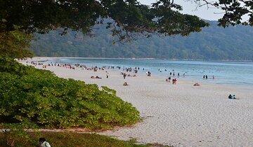 Tourists relaxing on Radhanagar Beach, Havelock Island surrounded by lush greenery – top Andaman beach destination