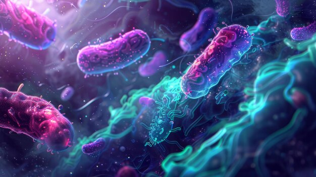 Microscopic view of glowing bioluminescent bacteria in vibrant purple and blue colors, floating in a dark fluid environment.
