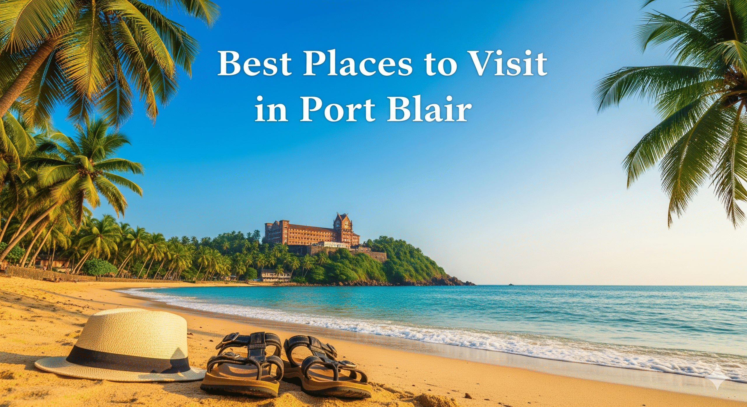 Best Places to Visit in Port Blair" cover image. The image shows a serene beach scene with a pair of sandals and a straw hat in the foreground. In the background, the Cellular Jail stands prominently on a hill, overlooking the turquoise water and sandy shore. Palm trees frame the scene, and the title is overlaid on a clear blue sky.