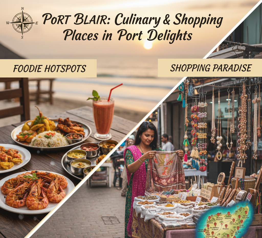 A diagonally split feature image for Port Blair. The left section, labeled 'FOODIE HOTSPOTS', shows a wooden table with plates of prawns, rice, curry, and a fruit smoothie on a beach setting. The right section, labeled 'SHOPPING PARADISE', shows a woman looking at colorful textiles and jewelry at an outdoor market stall, with a small map of Port Blair overlaid in the corner.