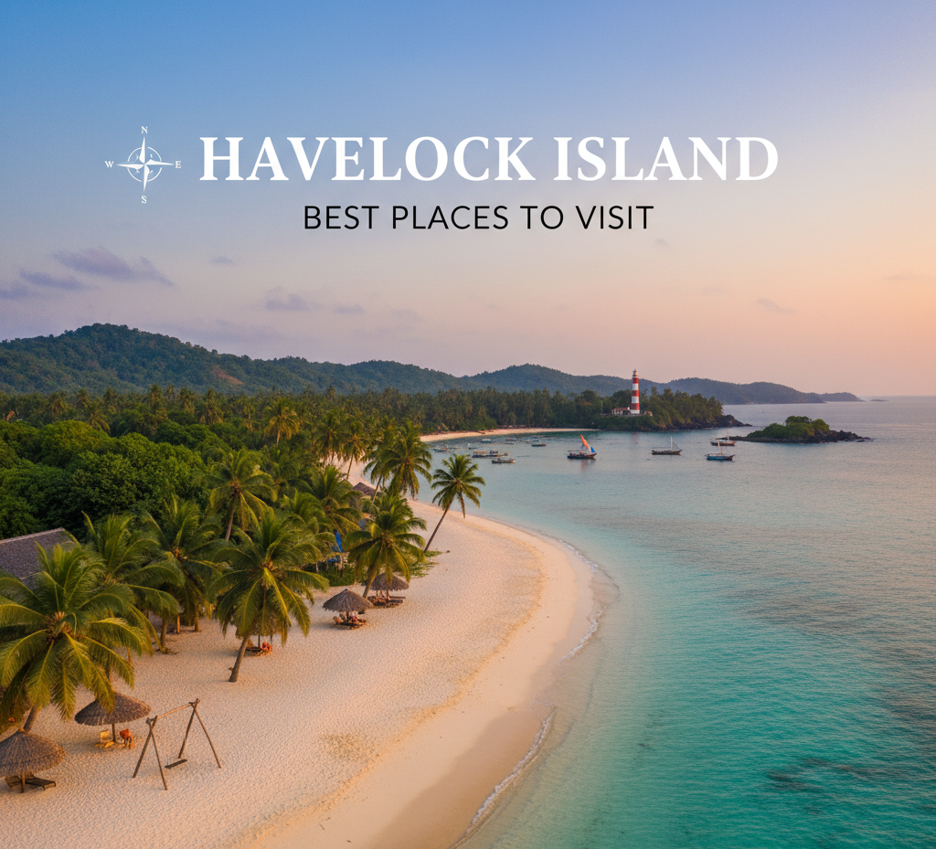 Aerial sunset view of a pristine white-sand beach with palm trees and a few thatched umbrellas on Havelock Island. The turquoise water meets the shore, with small boats anchored offshore and a red and white lighthouse visible in the distance on a small peninsula. The text 'HAVELOCK ISLAND BEST PLACES TO VISIT' is overlaid on the image, along with a simple compass rose.